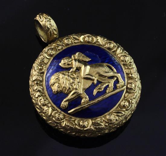 An early 19th century style high carat gold and blue guilloche enamel circular locket, 1.5in inc. bale.